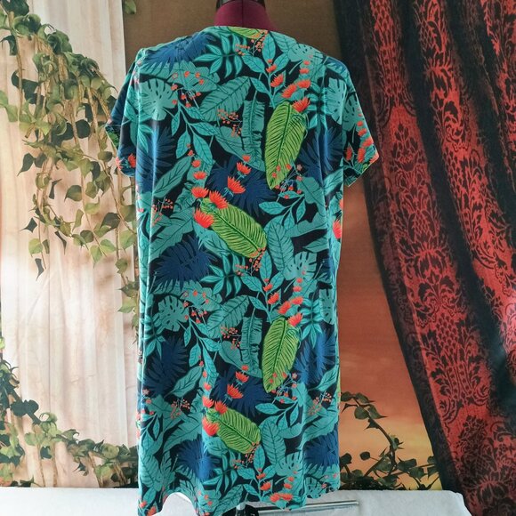 EUC: Go Softly Patio Sz XL Green Tropical Floral Embroidered House Dress Pockets - Picture 2 of 7